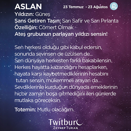 Mor ve lacivert yıldızlı arka plan üzerinde Aslan burcunun tarih aralığı, gezegeni, şanslı taşları ve kişilik özelliklerini anlatan bilgilendirici görsel.