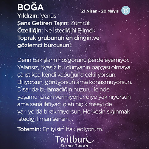 Mor ve lacivert yıldızlı arka plan üzerinde Boğa burcunun tarih aralığı, gezegeni, şanslı taşları ve kişilik özelliklerini anlatan bilgilendirici görsel.