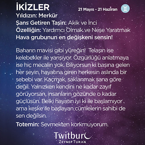 Mor ve lacivert yıldızlı arka plan üzerinde İkizler burcunun tarih aralığı, gezegeni, şanslı taşları ve kişilik özelliklerini anlatan bilgilendirici görsel.