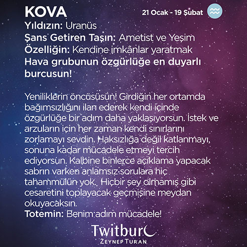 Mor ve lacivert yıldızlı arka plan üzerinde Kova burcunun tarih aralığı, gezegeni, şanslı taşları ve kişilik özelliklerini anlatan bilgilendirici görsel.